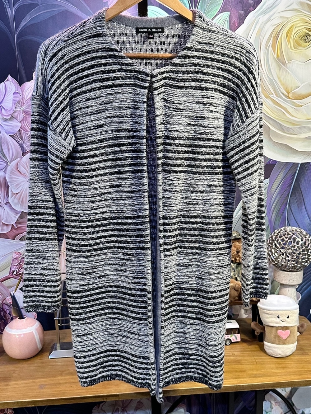 Cable & Gauge L Longline Cardigan Textured Stripe Open Front Cozy Black Gray